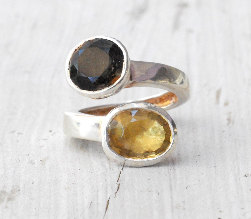 Citrine and Smoky Quartz Ring, Sterling Silver Double Ring, Citrus Yellow and Chestnut Brown, High Fashion Fine Jewelry, Santorini Wedding