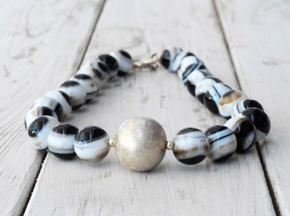 Black & White Striped Agate Necklace, Big Necklace, Statement Jewelry, Santorini Black Jewelry, High Fashion Contemporary Necklace 2013