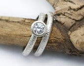 Matching bridal set - Moissanite wedding and engagement rings with rustic textured design
