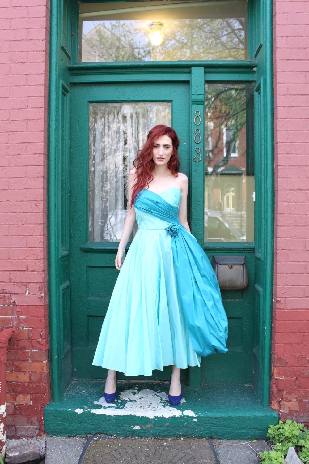 Dress 1950s Vintage 50s Aqua Blue Teal Full Skirt Strapless Prom M Medium