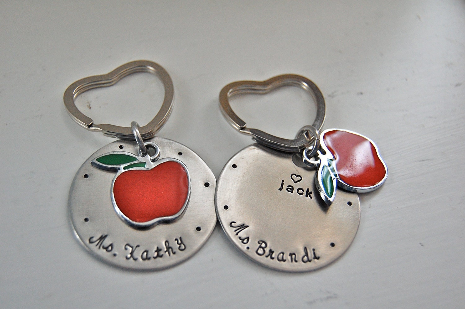 Personalized apple charm teacher gift hand stamped keychain