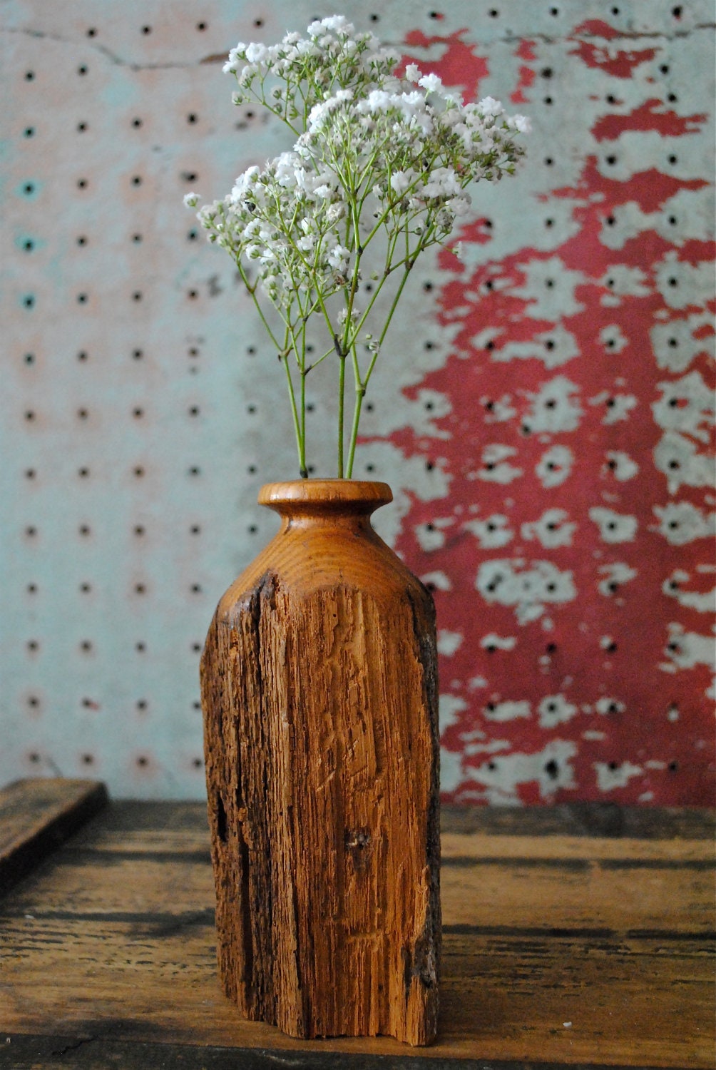 Vintage Folk Art Driftwood Bud Vase with Glass Vial - SquidWhaleDesigns