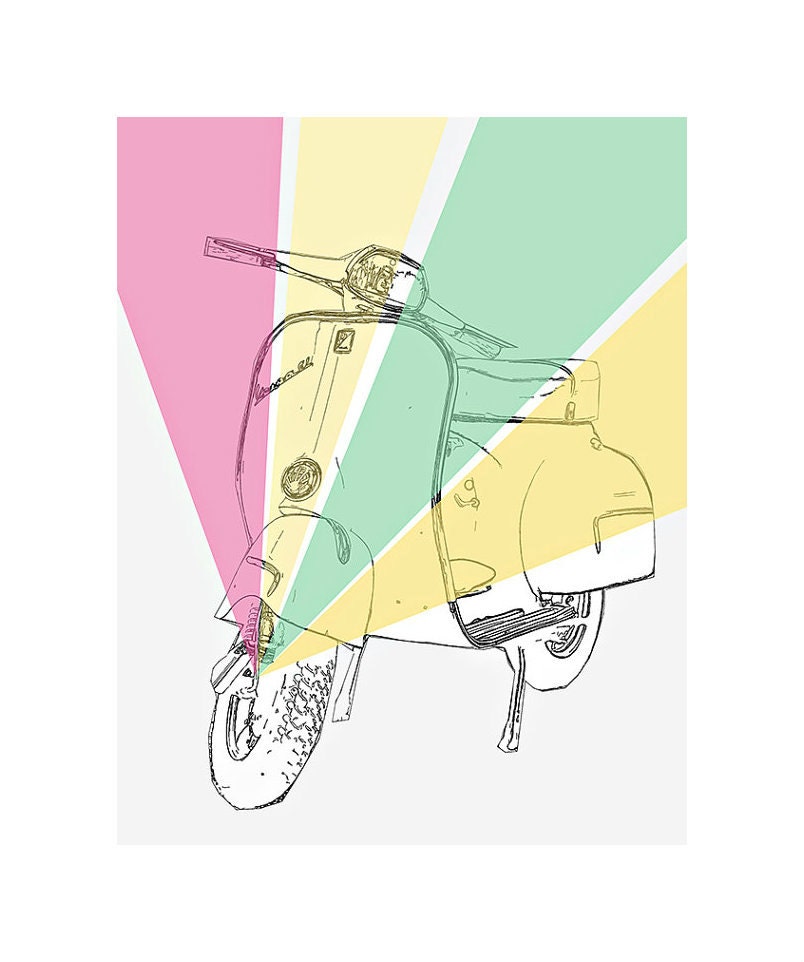 Italy Vespa - 8x10 Art Print - Mid Century Modern,  Pastel, Italian, Pastel Neons, Shapes, Gender Neutral Decor, Mint, Pink, Yellow