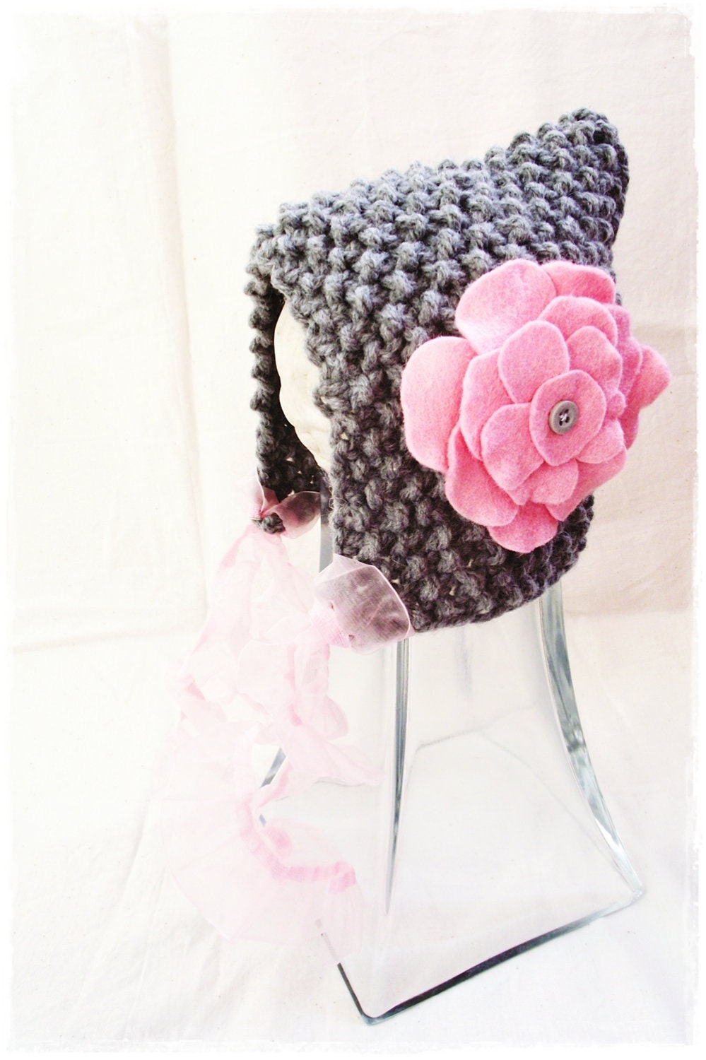 Hand knit hat baby girl newborn pixie bonnet hat pink grey gray with felt flower photo prop europeanstreetteam handmade