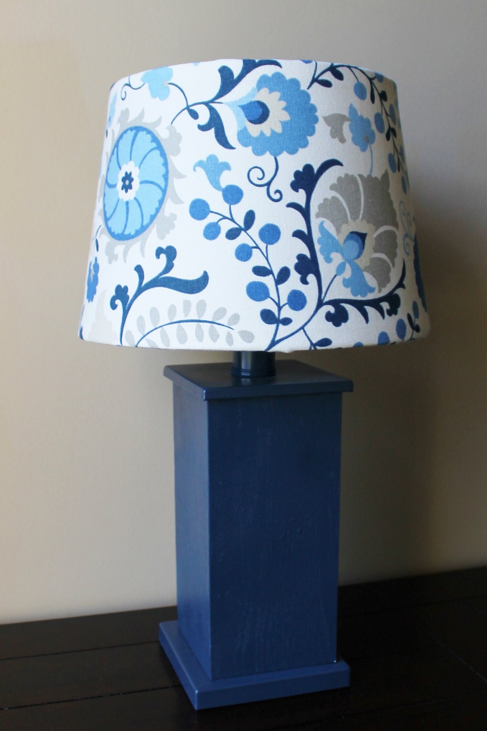 Denim Blue Lamp with Modern Floral Shade - OOAK