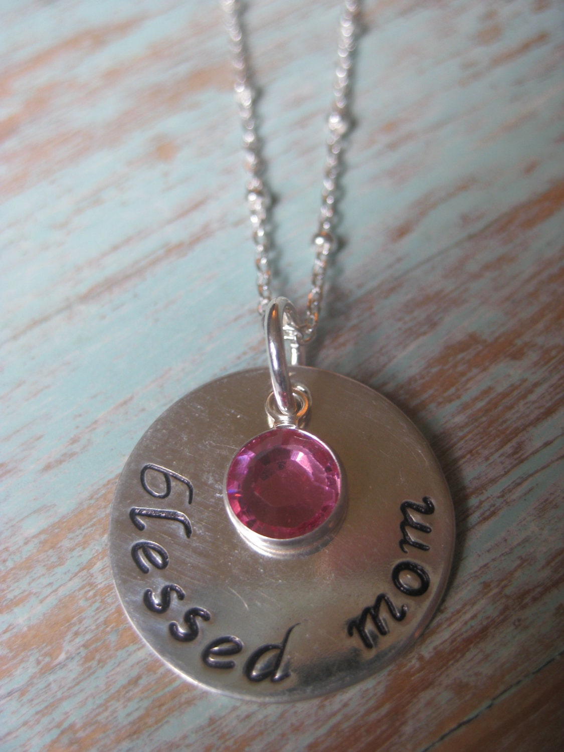 Blessed Mom  - Mother's Day Gift - Sterling Silver Disc - Swarovski Birthstones - TakeFlightBoutique on Etsy