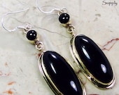 BLACK ONYX Genuine Gemstones Round And Oval Dangle Drop Earrings With Mixed Metals Sterling Silver And Brass Settings Handmade Jewelry