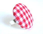 Large red gingham button ring - summer white plaid tartan check