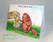 Graduation Congratulations Card "You Did It" Beaver Gnaws a Tree Illustration Funny Message Inside