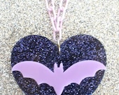 Lilac Bat Acrylic Glitter Heart Necklace
