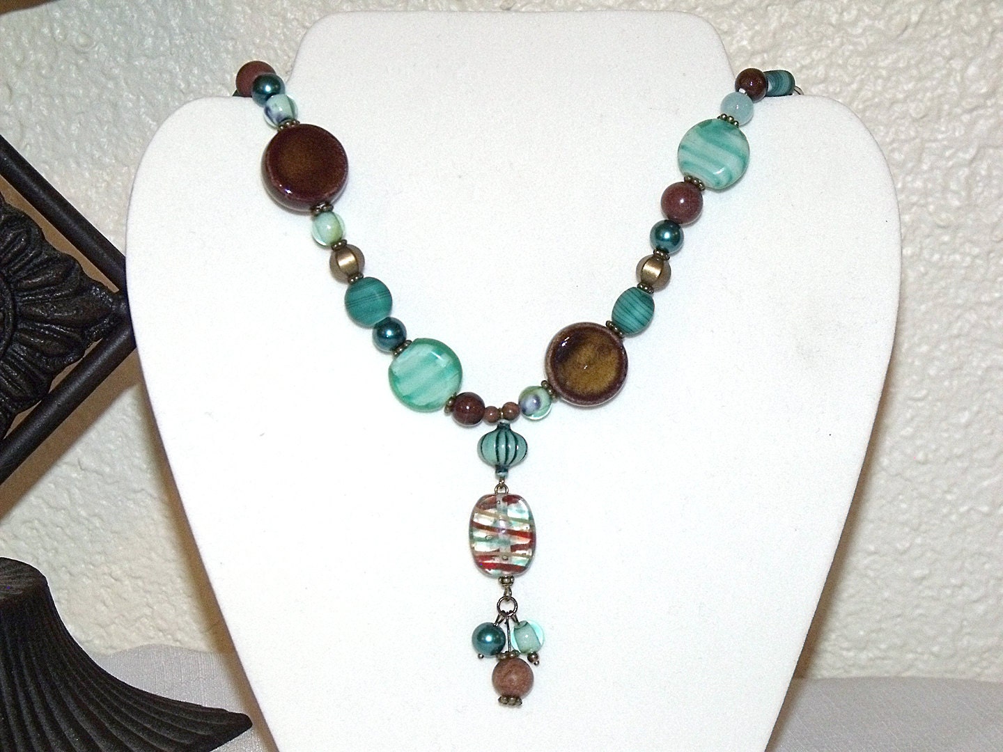 Turquoise and Brown Bead Necklace - Tassel Pendant glass ceramic stone