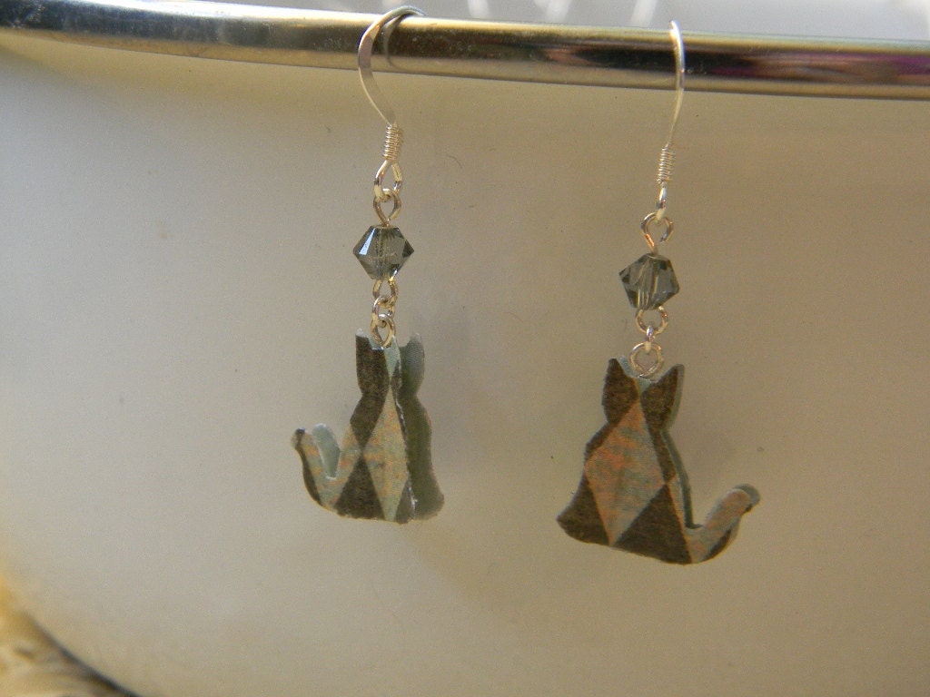 Paper Cat Earrings -Argile Pattern with Smokey Swarovski Crystals