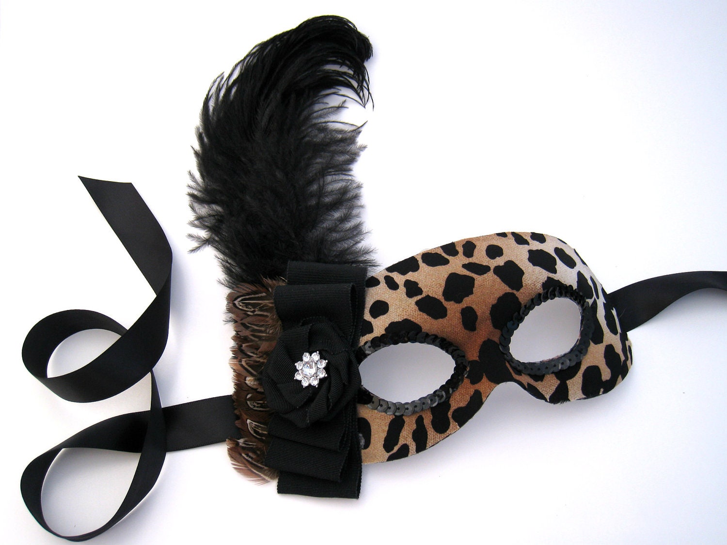 Leopard Print Mask- feather and sequin masquerade mask