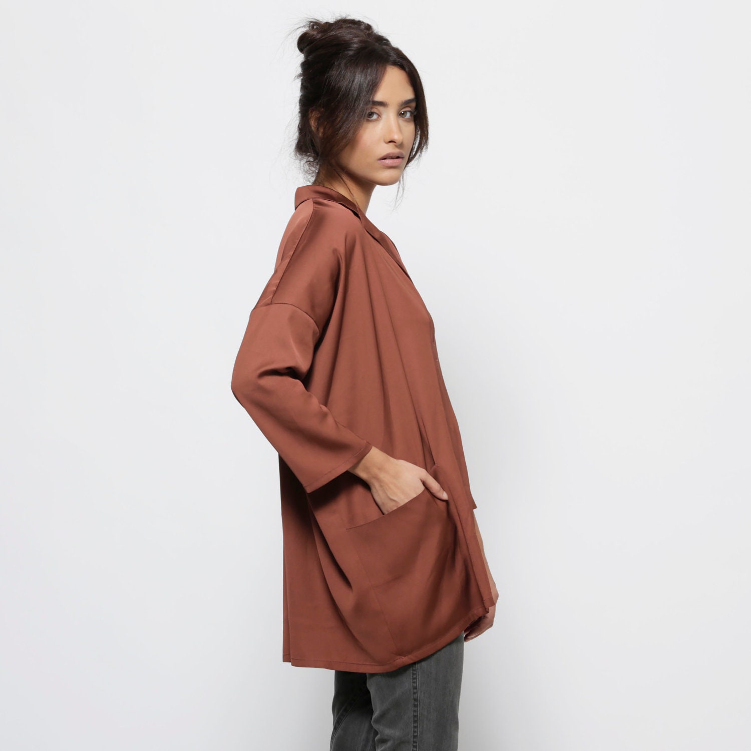 Brown oversize women top, bordo blouse, 3/4 sleeves