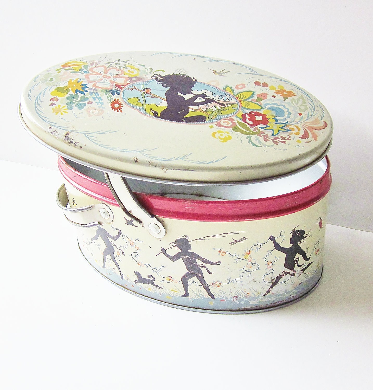 Metal Container Tin Sewing Box Art Nouveau Deco Edwardian Era Nymph Mid Summer Nights Dream Silhouette Spooky Halloween Decor