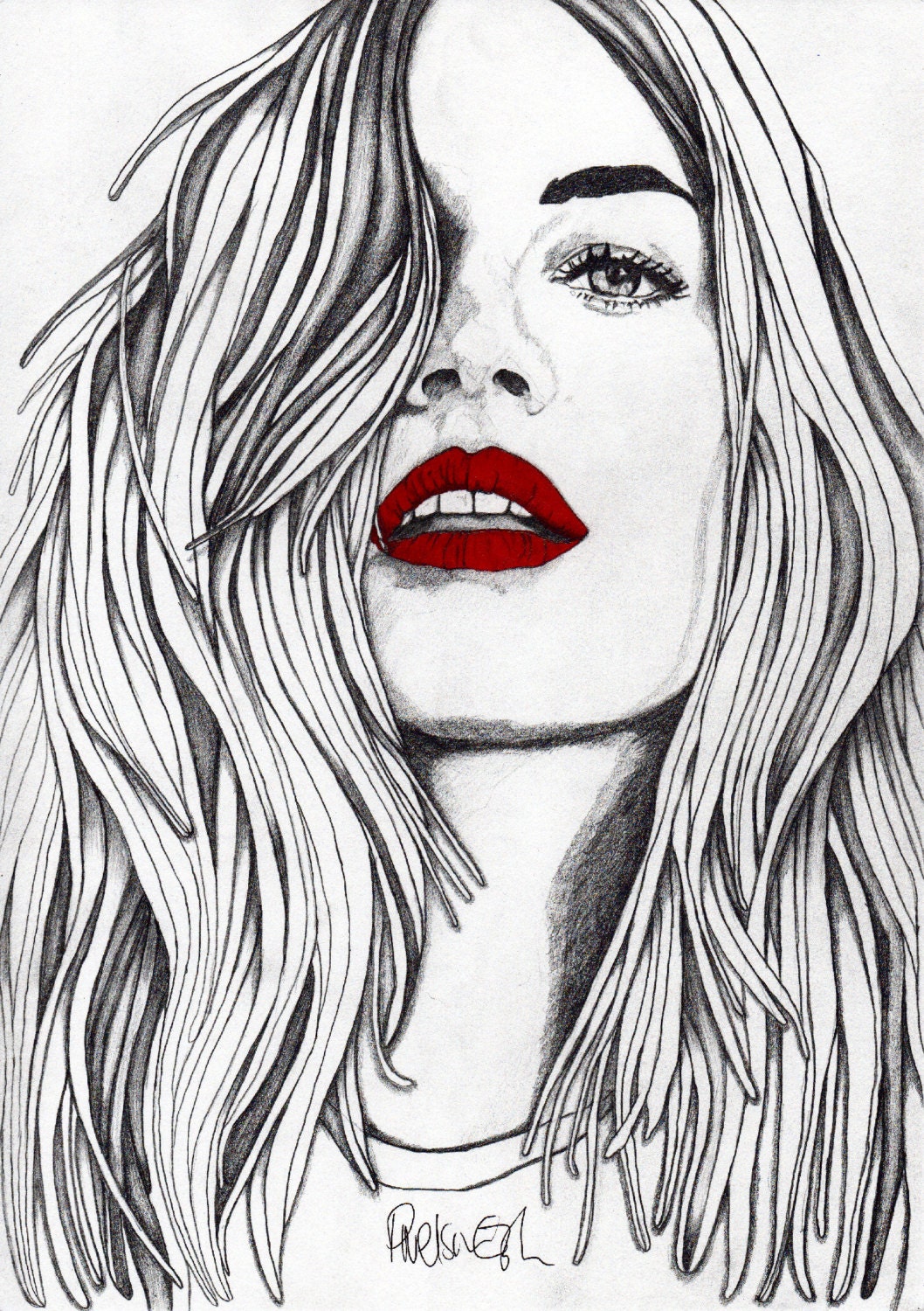 Girl with the Red Lips - ORIGINAL Signed Paul Nelson-Esch - Pencil Drawing Art Illustration