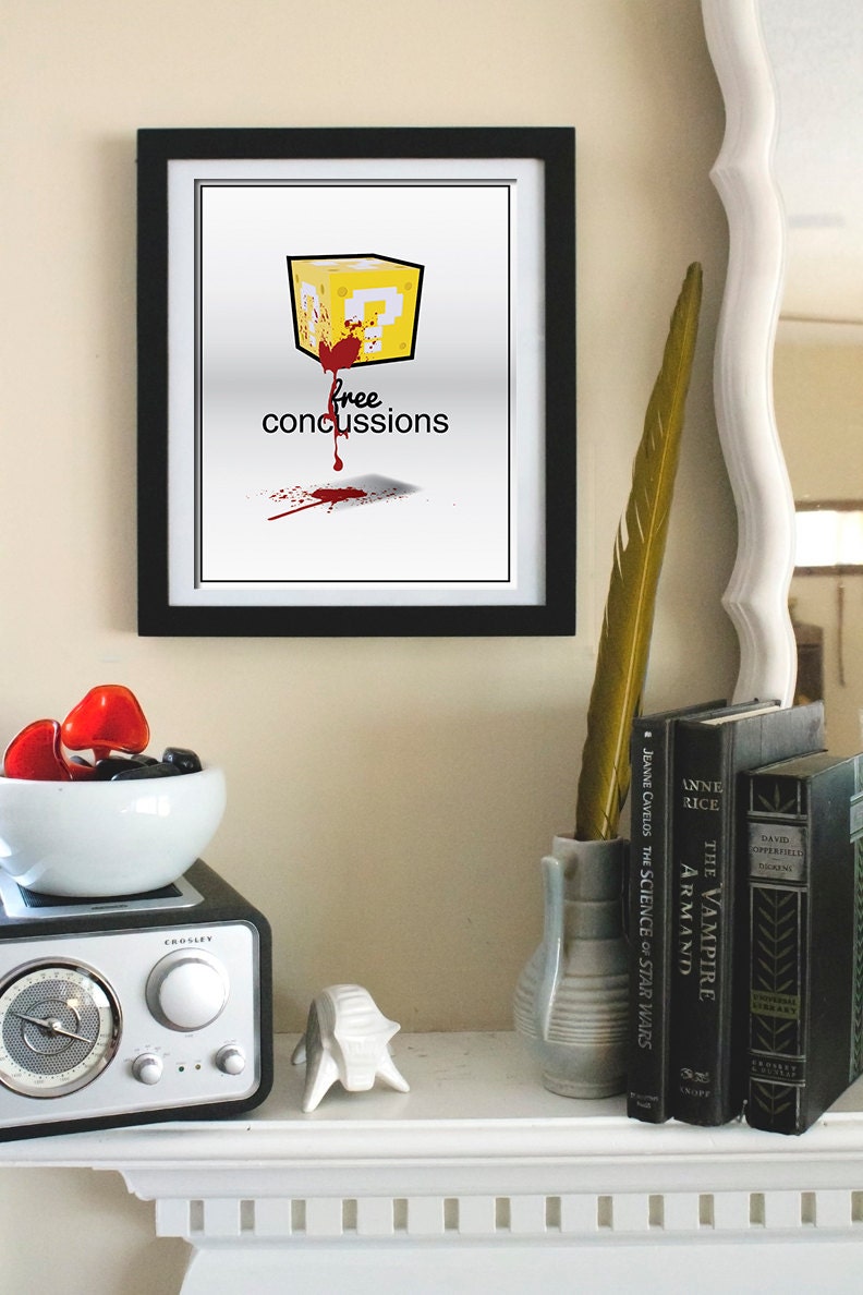 Geeky Gamer Art: Free Concussions- 11x14 Super Mario Brothers Inspired Humor Art Print
