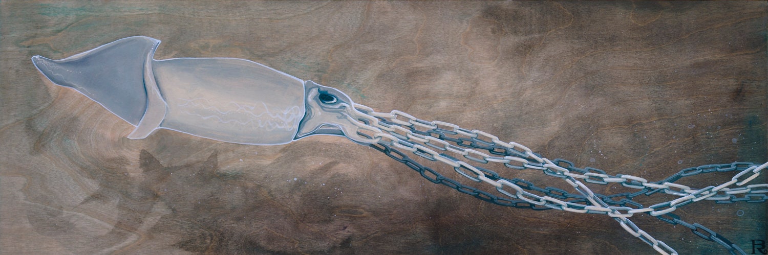 Limited Edition Giclee print, squid with chain tentacles