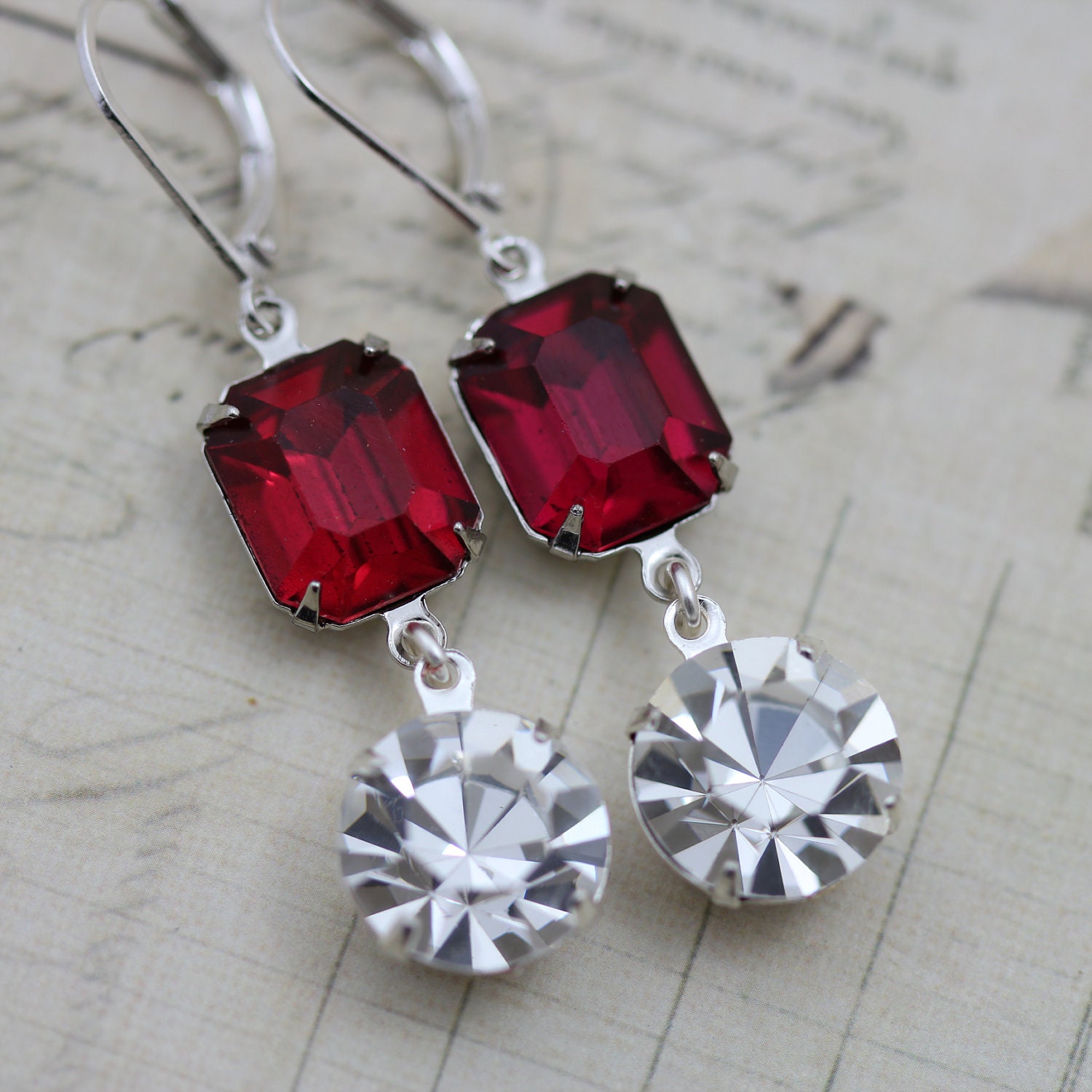 Rare Ruby Crystal Earrings Vintage Glass July Birthstone Red Silver Bridesmaids Earrings Bridal Earrings Dangle - Clip On Available