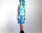 90's Sea Blue Palm Trees Print Stretchy Mini Dress