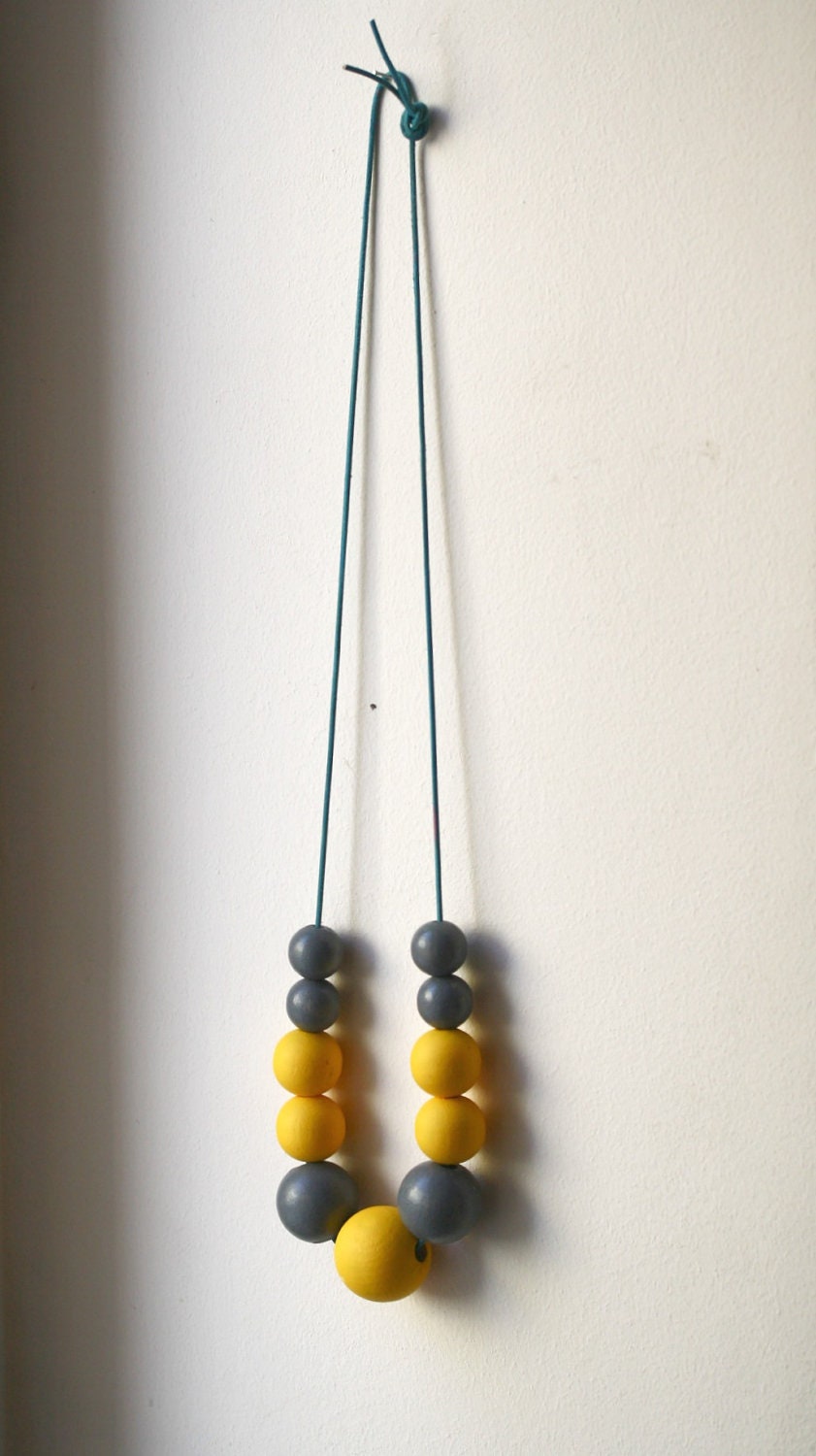 Sunshine and Gray Skies Statement Necklace / Hand Painted Wooden Beads on Teal Blue Leather Cord / Adjustable Length