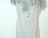 Vintage 80s Deco White Silver Sequin Beaded Trophy Dress