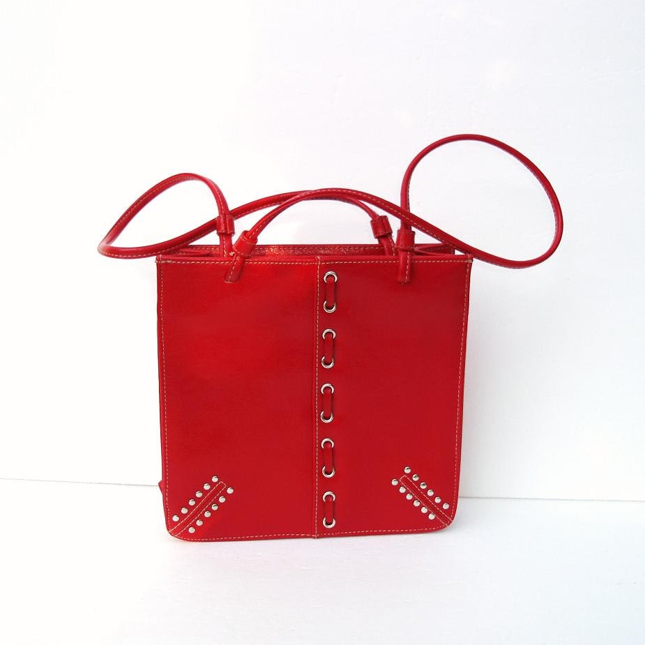 Red Handbag, Faux Leather Bag, Silver Metal Studs, Steampunk, Vintage Purse / Blood Red