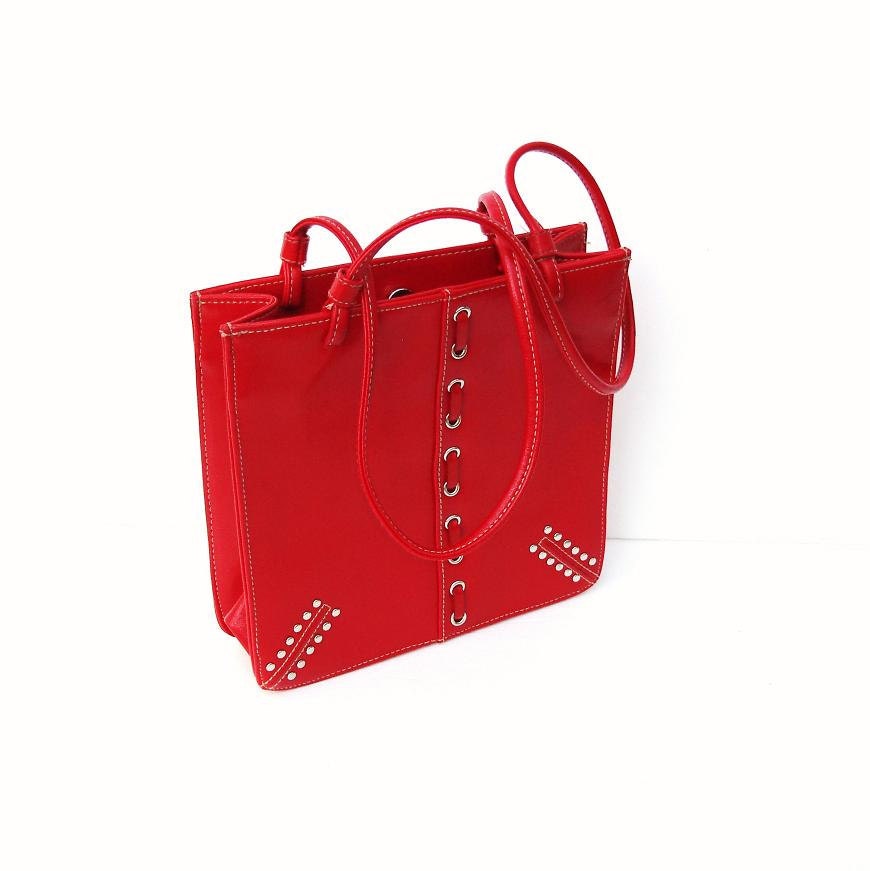 Red Handbag silver Metal Buttons Faux Leather Bag Steampunk Blood Red