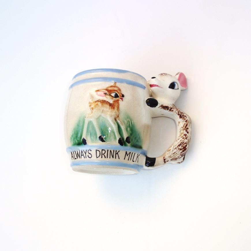 Milk Mug, Childs Cup, Ceramic Deer,  Woodland Animal, Baby Boy Nursery - Blue - Brown