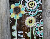 Whimsical, Funky Flower Painting on Stained Wood Block - Wall Art, Inspirational Art, Yellow, White, Mint Green, Orange - Find Your Peace
