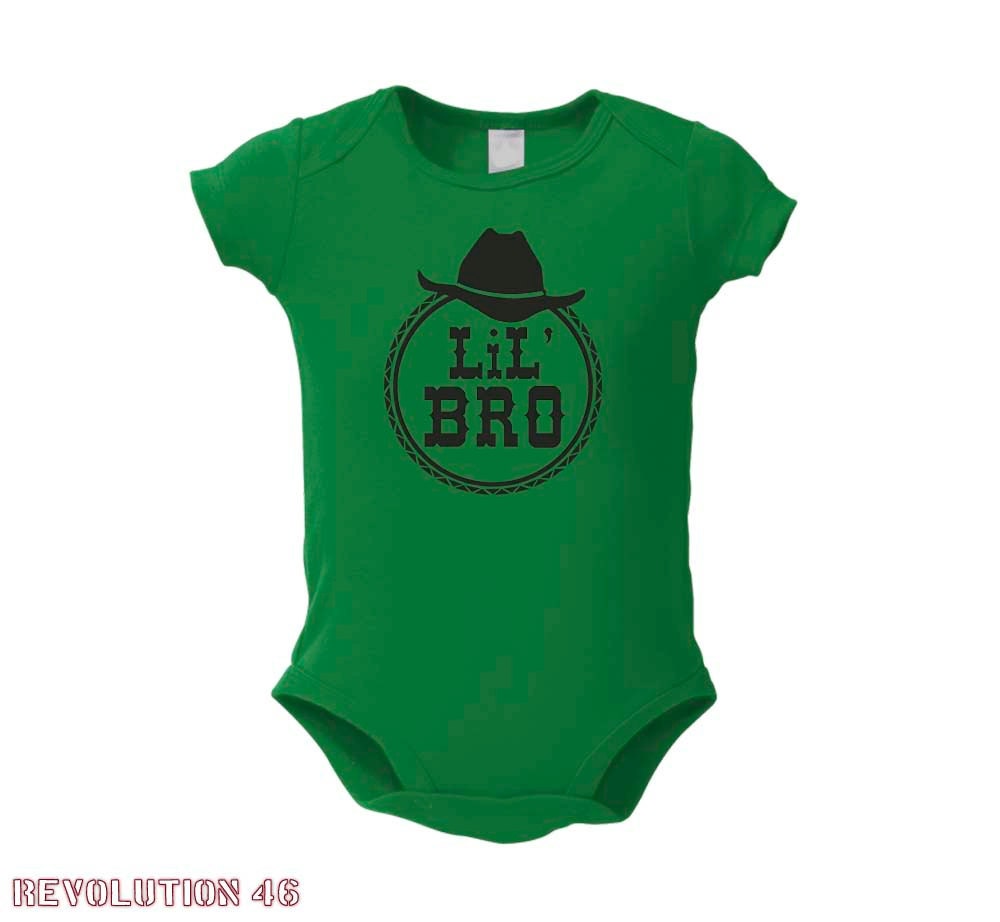 Little Brother Snap Shirt-  Cowboy Western Lil Bro Onesie ( Cowboy Hat Border Big Bro  5146  Black Ink) Matching Sibling Clothing