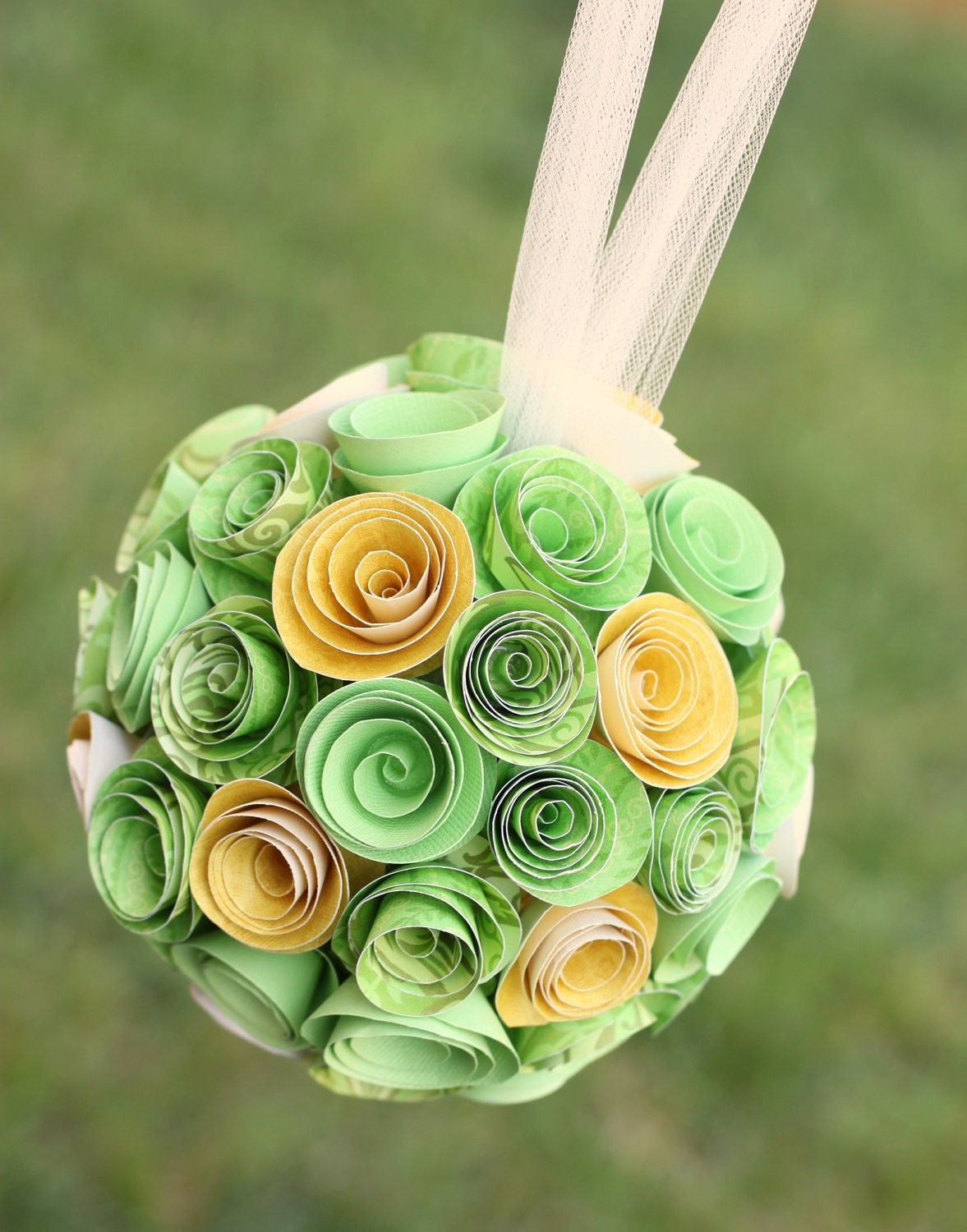 Green & Yellow Wedding Bouquet Paper Rosette Pomander Kissing Ball, Photography Prop, Bridesmaid Bouquet, Flower Girl Bouquet, Room Decor