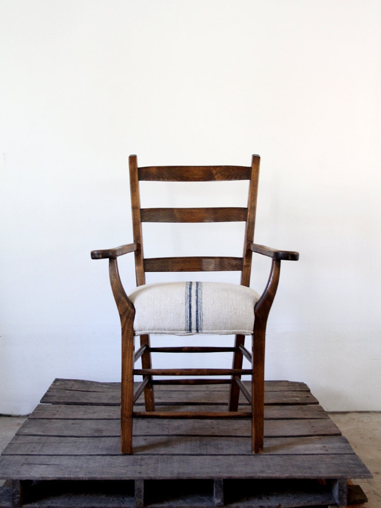 Antique Lodge Chair / European Grain Sack Upholstery