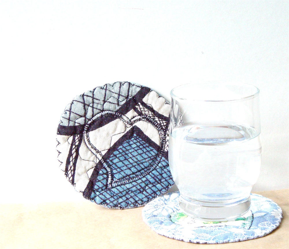 Fabric Coasters, Quilted Coasters, Textile Coaster, Floral coaster, table coasters, reversible coasters set of 2, blue carrots, table top
