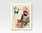 Art Print A3 Print Bird and Butterflies on Vintage Postcard Ephemera Home Décor Original Design by Adidit Print no. 079