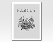 Typography Art Print Etched Text Print "Family" Bird's Nest 5 X 7 inch Home Décor Nursery Art Original Design by Adidit Print no. 210