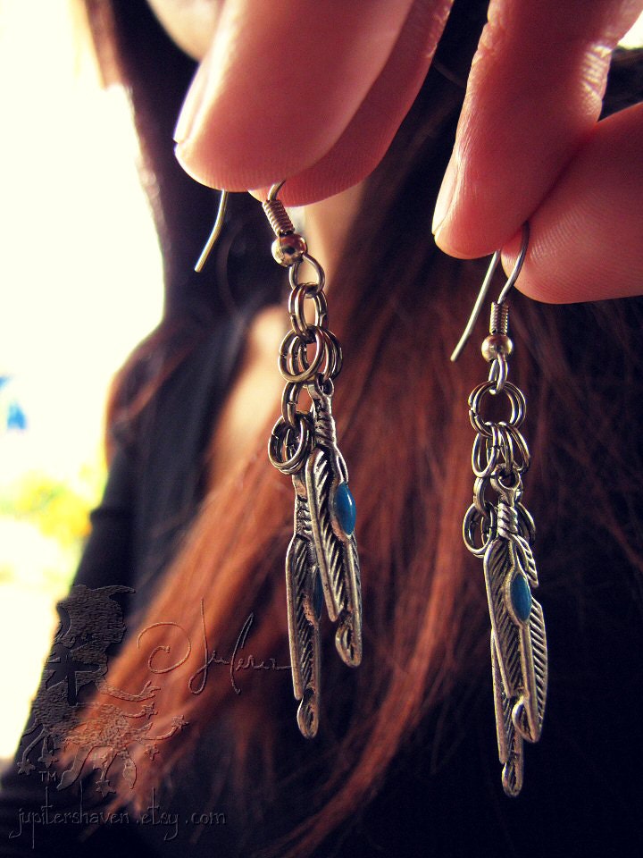 Feather Earrings - Pewter Blue Teal Turquoise Color Paint Dangle - From A Silver Wing