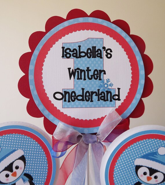 Blue and Red Penguin Winter ONEderland Collection: 3 Piece Centerpiece Table Decoration Il_570xn