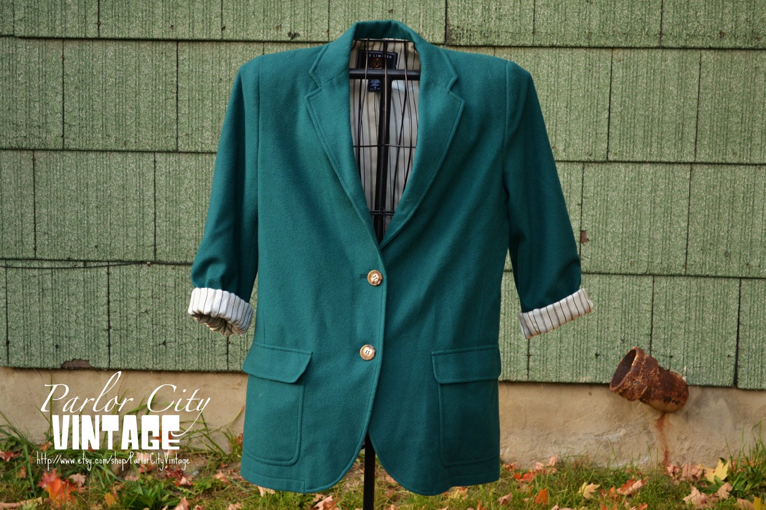 The Carson Blazer - Vintage Limited Dark Green Wool Boyfriend Blazer with Striped Lining