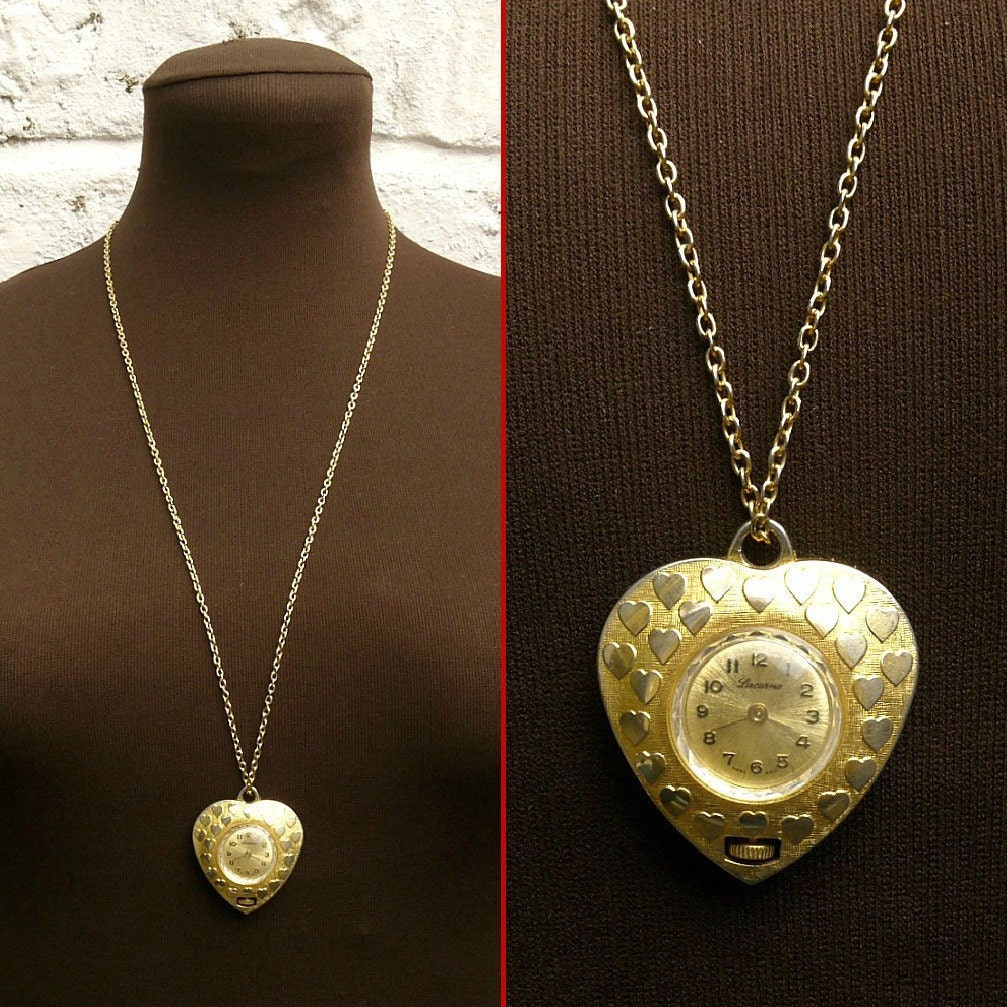 Vintage 60s 70s Swiss Gold 'Lucerne' Heart Pocket Watch Pendant Necklace