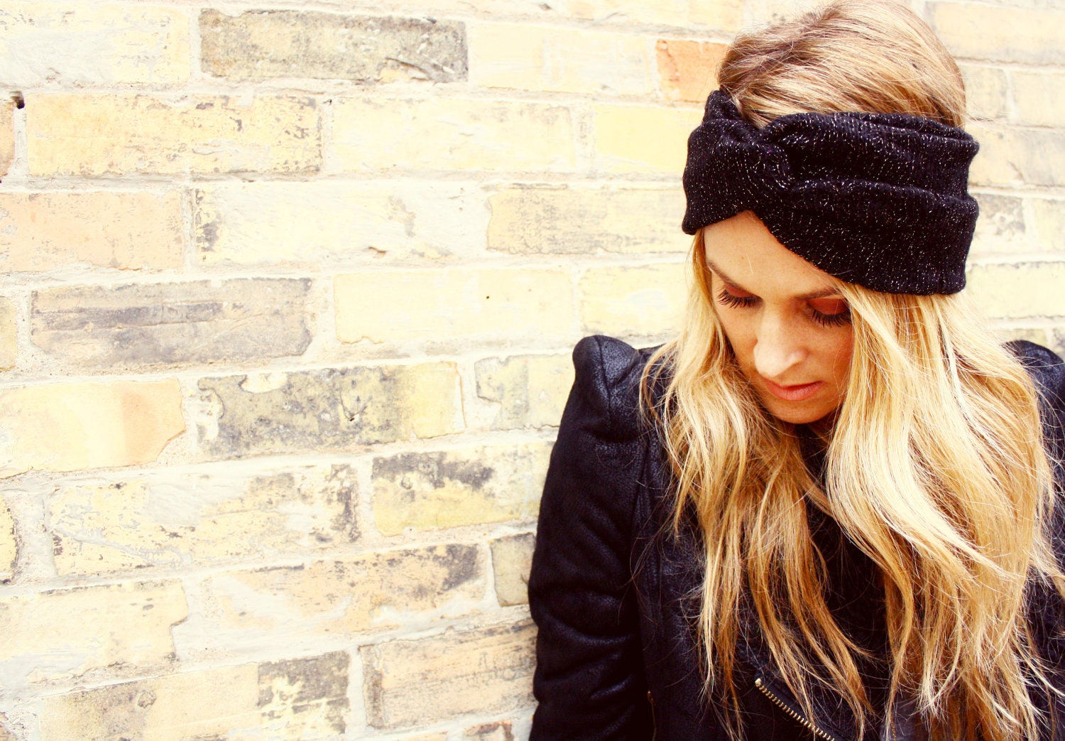 Turban Headband - Black and Gold Sweater Knit.  Ear warmers, winter headband, twist turban, knot headband