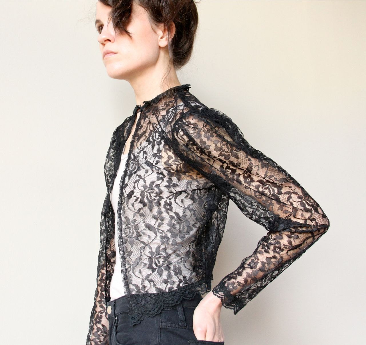Gunne Sax Black Lace Shirt, 70s 80s boho hippie sheer blouse, witchy goth steampunk wedding jacket, Victorian Edwardian mourning shirt