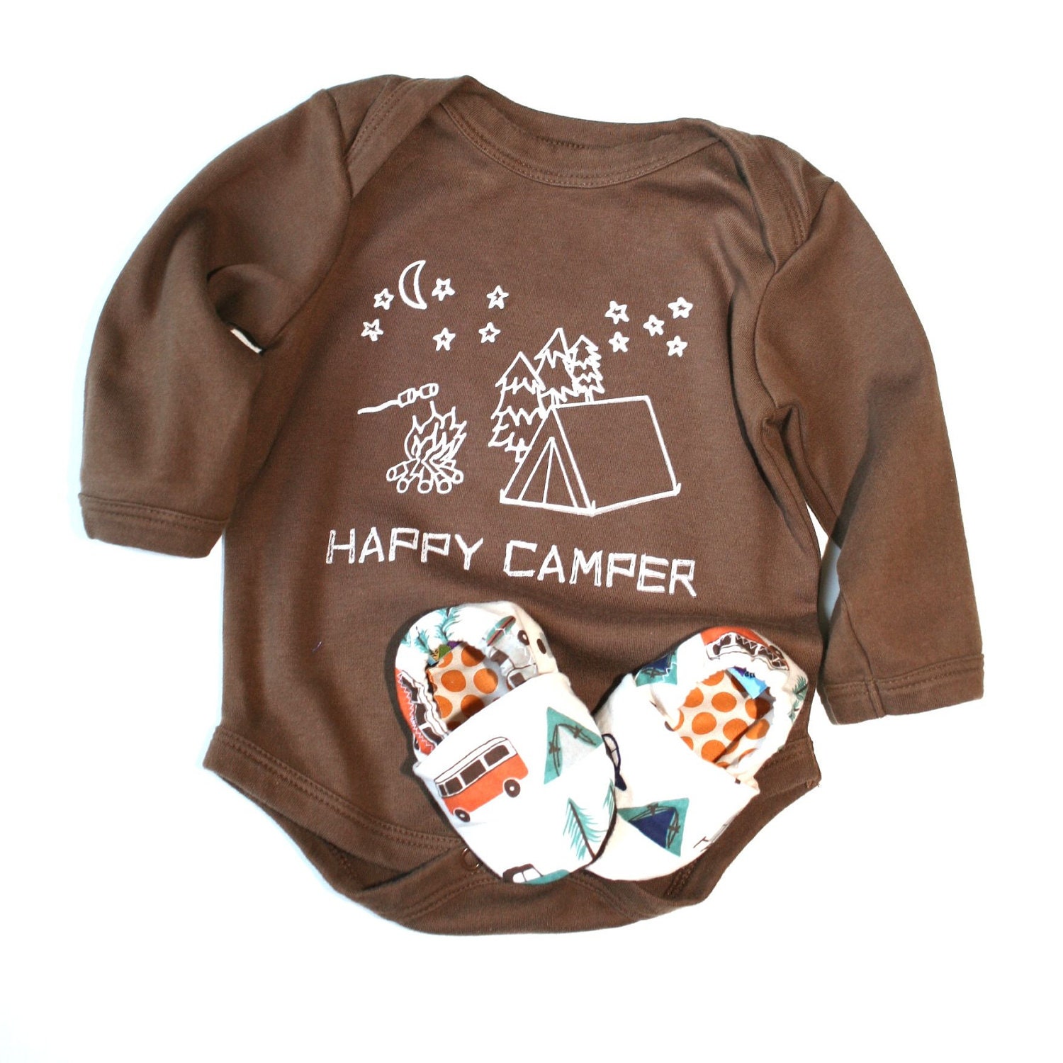 Happy Camper Eco Friendly Clothing - Brown 0 3 6 12 18 months LONG sleeves and Organic Camping Shoes- Baby Clothes Organic Gift for baby