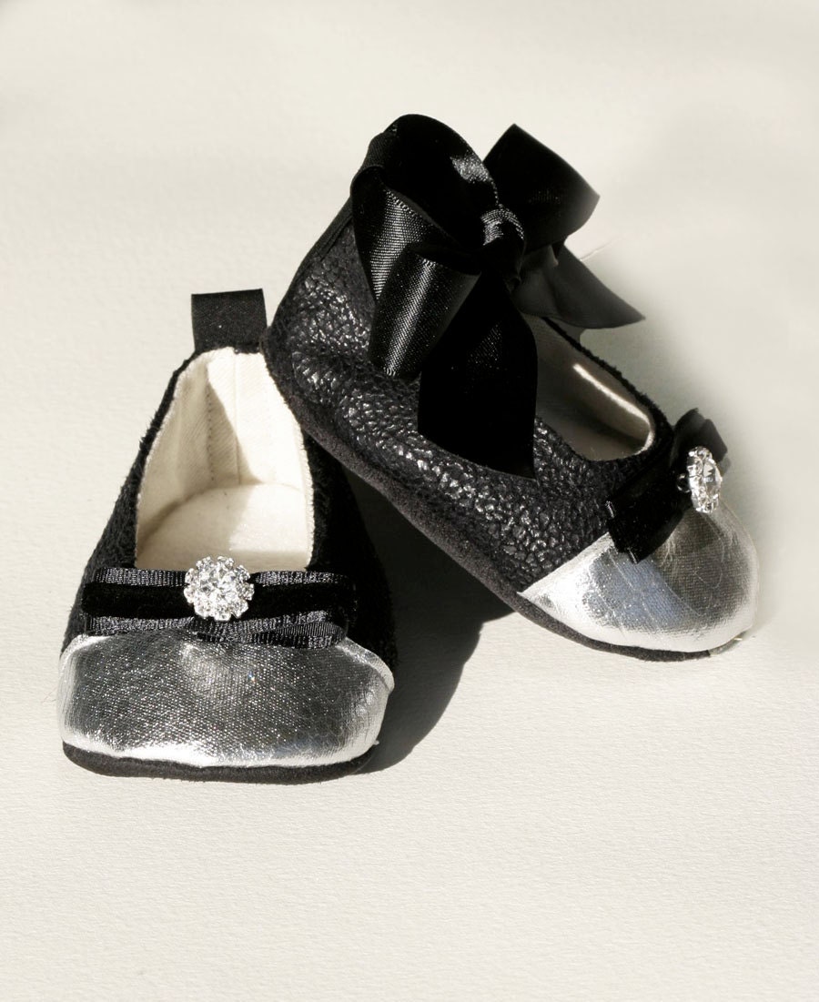 Special Occasion Baby Shoes - Black Pebbled Ultra-suede & Silver Capped Toe Ballet Slipper - Ballet Flat - Baby Souls