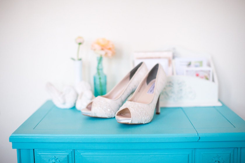 SALE Lace wedding shoes platform heel embellished with a Swarovski crystal and bead trim