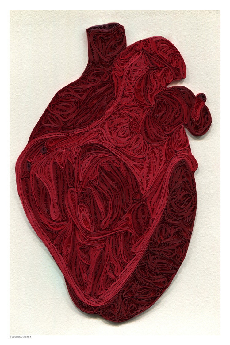 Quilled Human Heart poster, Doctor Decor Print, Minimalist goth poster, Color anatomic illustration, Paper art print, quilled poster,