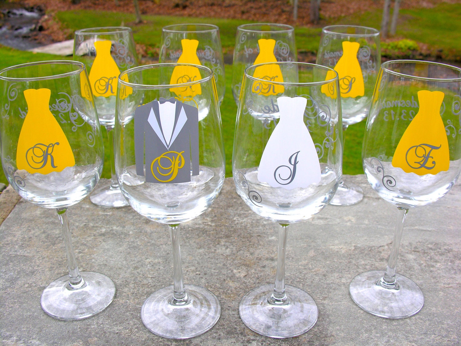 Bridesmaids gift wine glasses, 5 personalized fall wedding Bride and Bridesmaid wine glasses, Yellow and gray