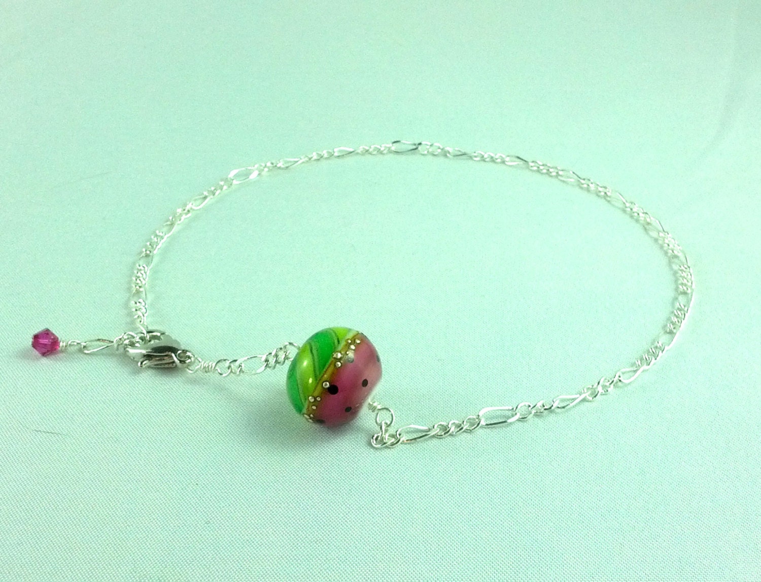Adjustable Watermelon Anklet by Michelle Lampwork glass summer pink green