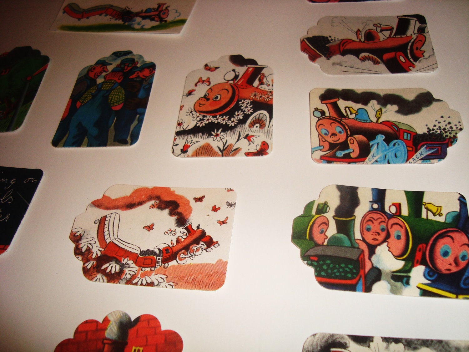 20 Train Gift Tags - Scrapbook Embellishments - Recycled Kid's Book - Cartoon