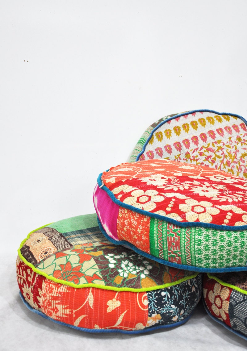 Patchwork floor cushion covers - Indian Kantha Quilt fabrics